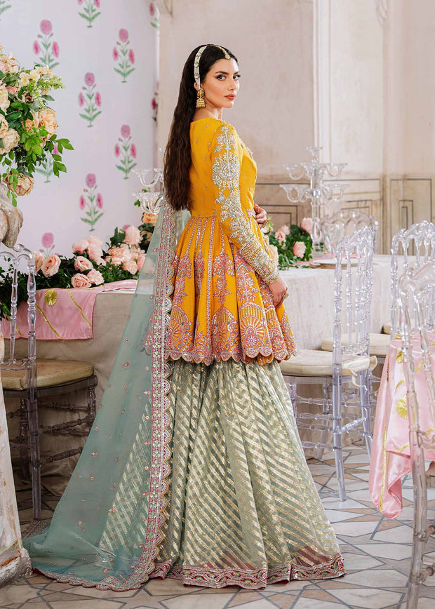 Buy Yellow Blue Contrast Embroidered Pakistani Party Wear Sharara Kameez