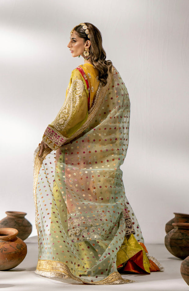 Buy Yellow Pakistani Wedding Dress in Embroidered Kameez Sharara Style