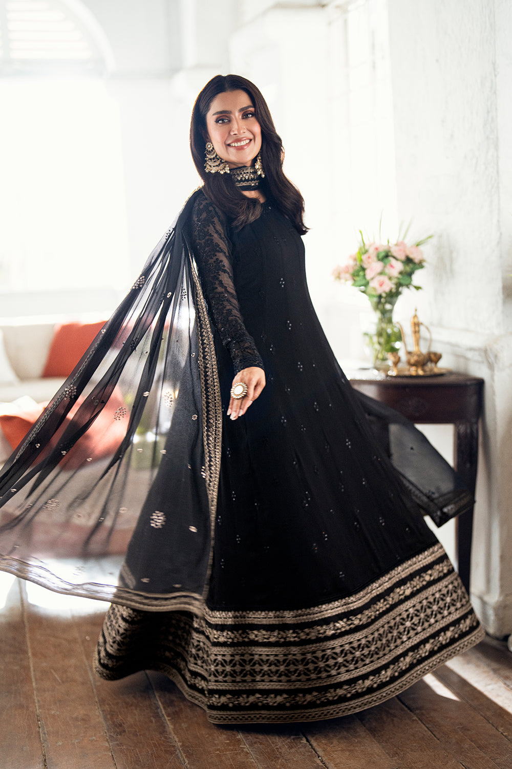 Elegant Black Hand Embellished Chiffon Pakistani Party Dress