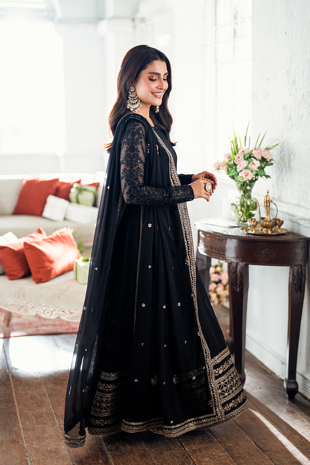 Elegant Black Hand Embellished Chiffon Pakistani Party Dress