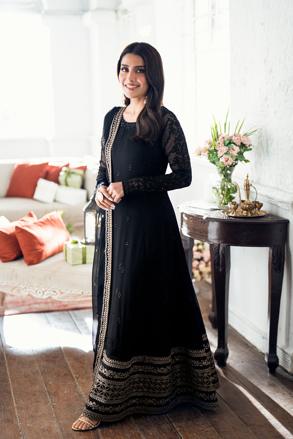 Elegant Black Hand Embellished Chiffon Pakistani Party Dress
