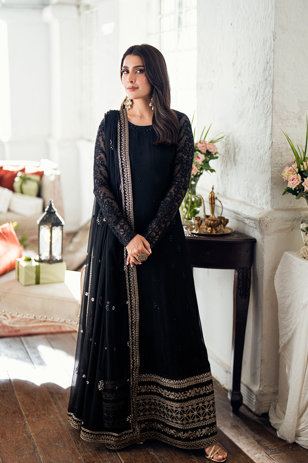 Elegant Black Hand Embellished Chiffon Pakistani Party Dress