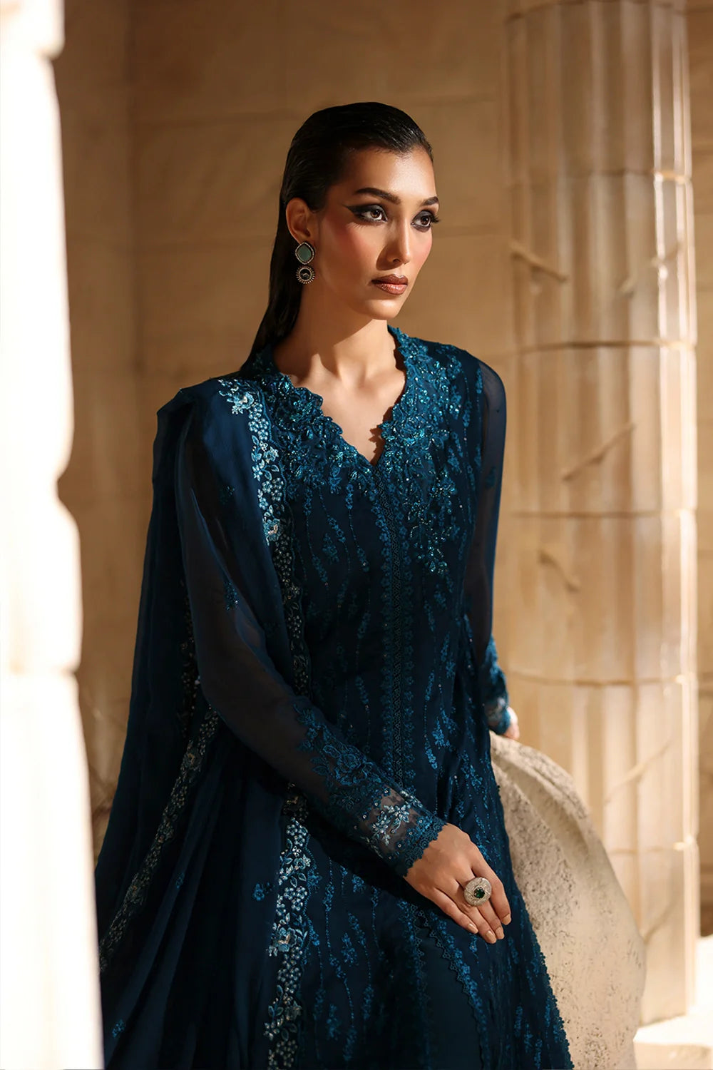Elegant Tea Blue Hand Embellished Chiffon Pakistani Party Dress