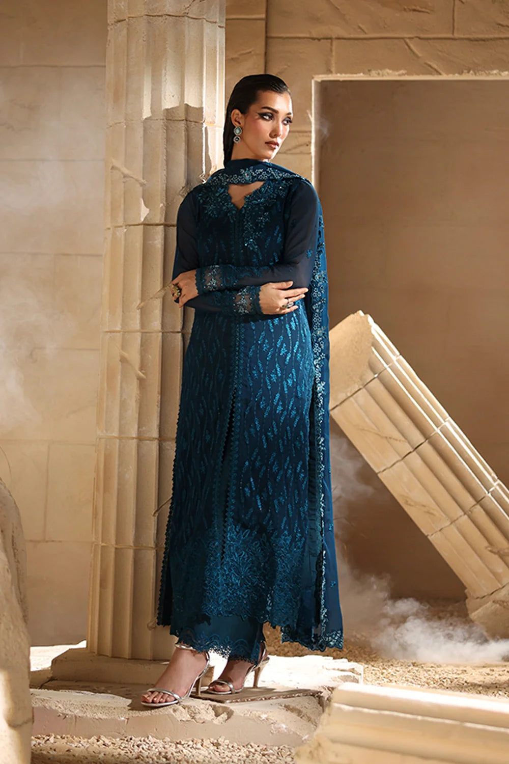 Elegant Tea Blue Hand Embellished Chiffon Pakistani Party Dress