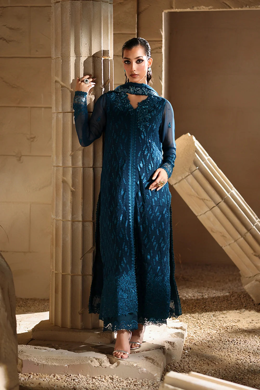 Elegant Tea Blue Hand Embellished Chiffon Pakistani Party Dress