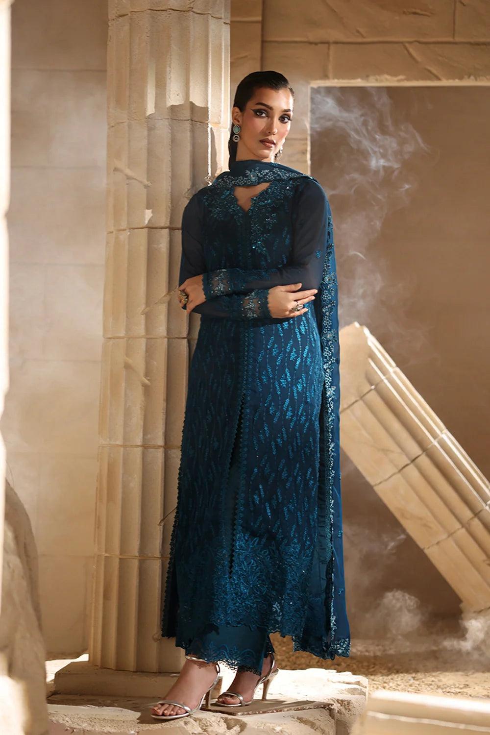 Elegant Tea Blue Hand Embellished Chiffon Pakistani Party Dress