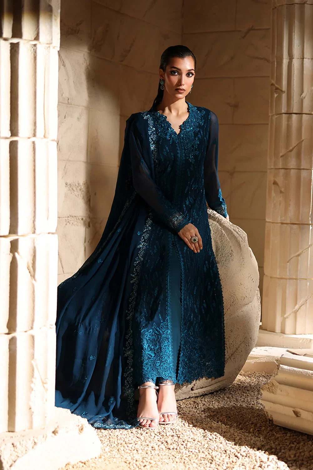 Elegant Tea Blue Hand Embellished Chiffon Pakistani Party Dress