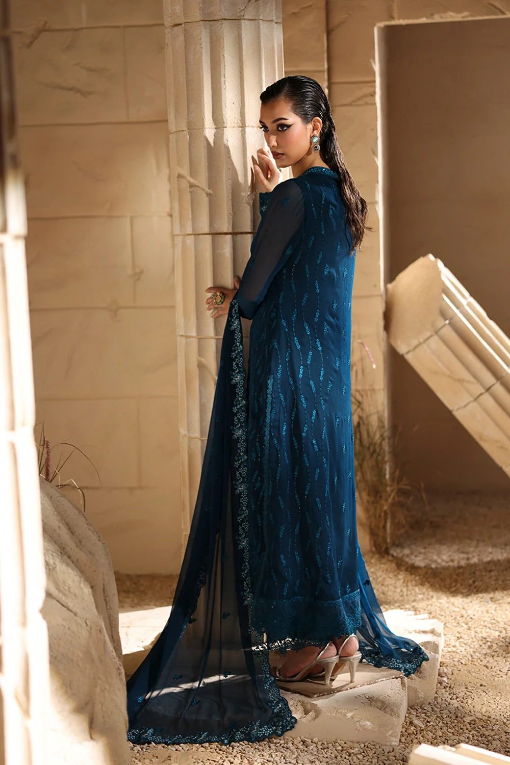 Elegant Tea Blue Hand Embellished Chiffon Pakistani Party Dress