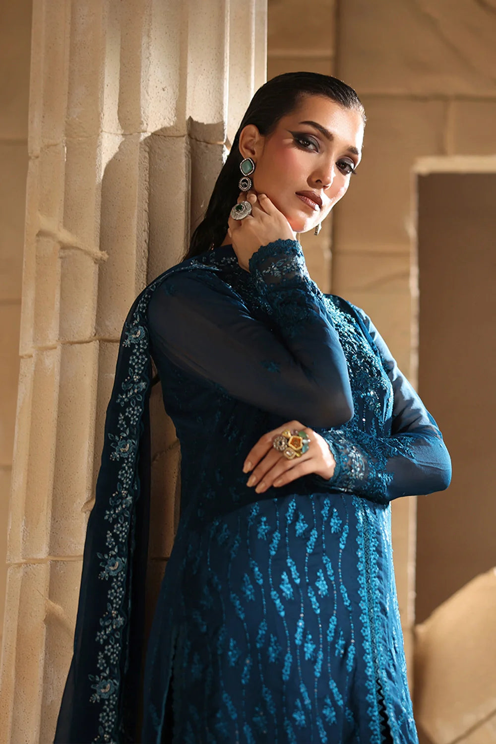 Elegant Tea Blue Hand Embellished Chiffon Pakistani Party Dress