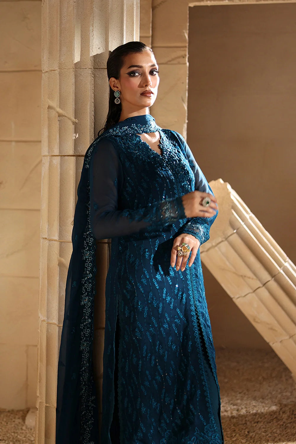 Elegant Tea Blue Hand Embellished Chiffon Pakistani Party Dress
