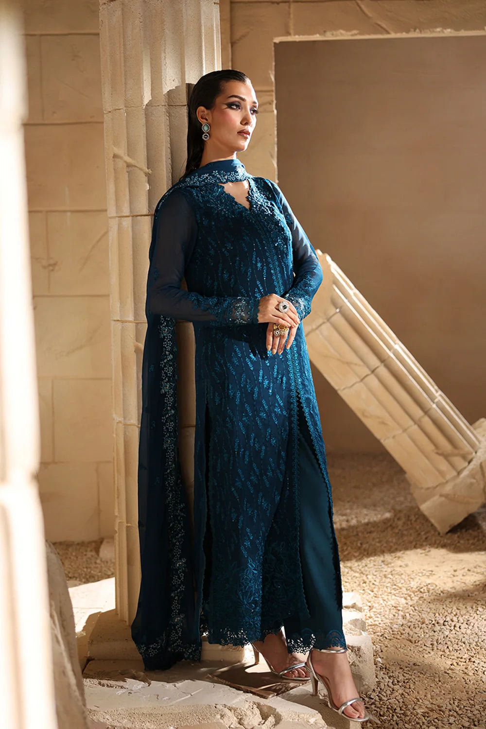 Elegant Tea Blue Hand Embellished Chiffon Pakistani Party Dress