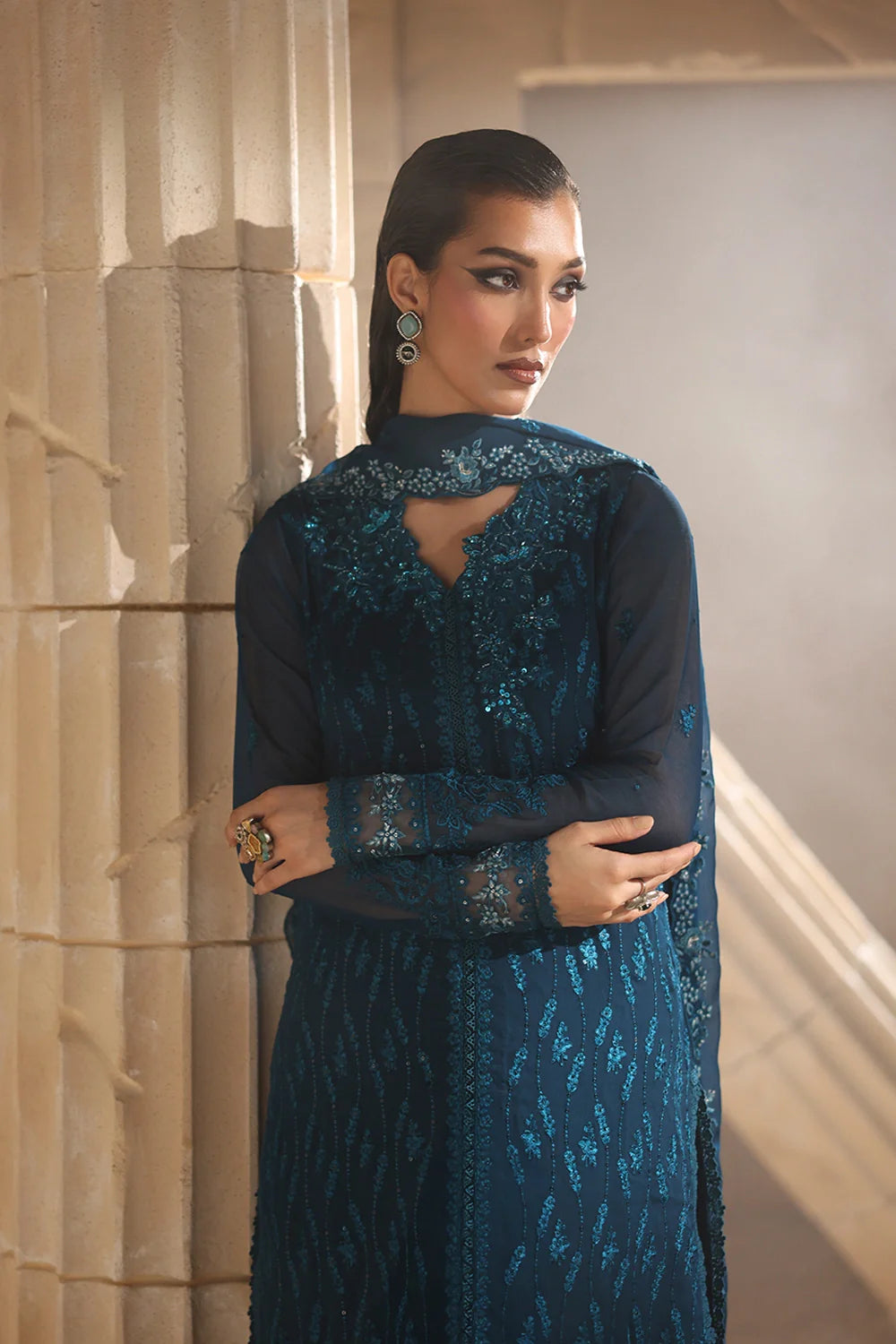Elegant Tea Blue Hand Embellished Chiffon Pakistani Party Dress