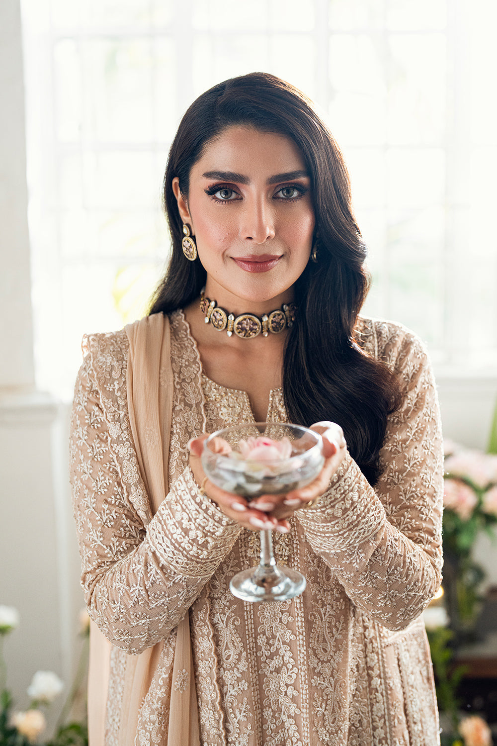 Elegant Cream Hand Embellished Chiffon Pakistani Party Dress