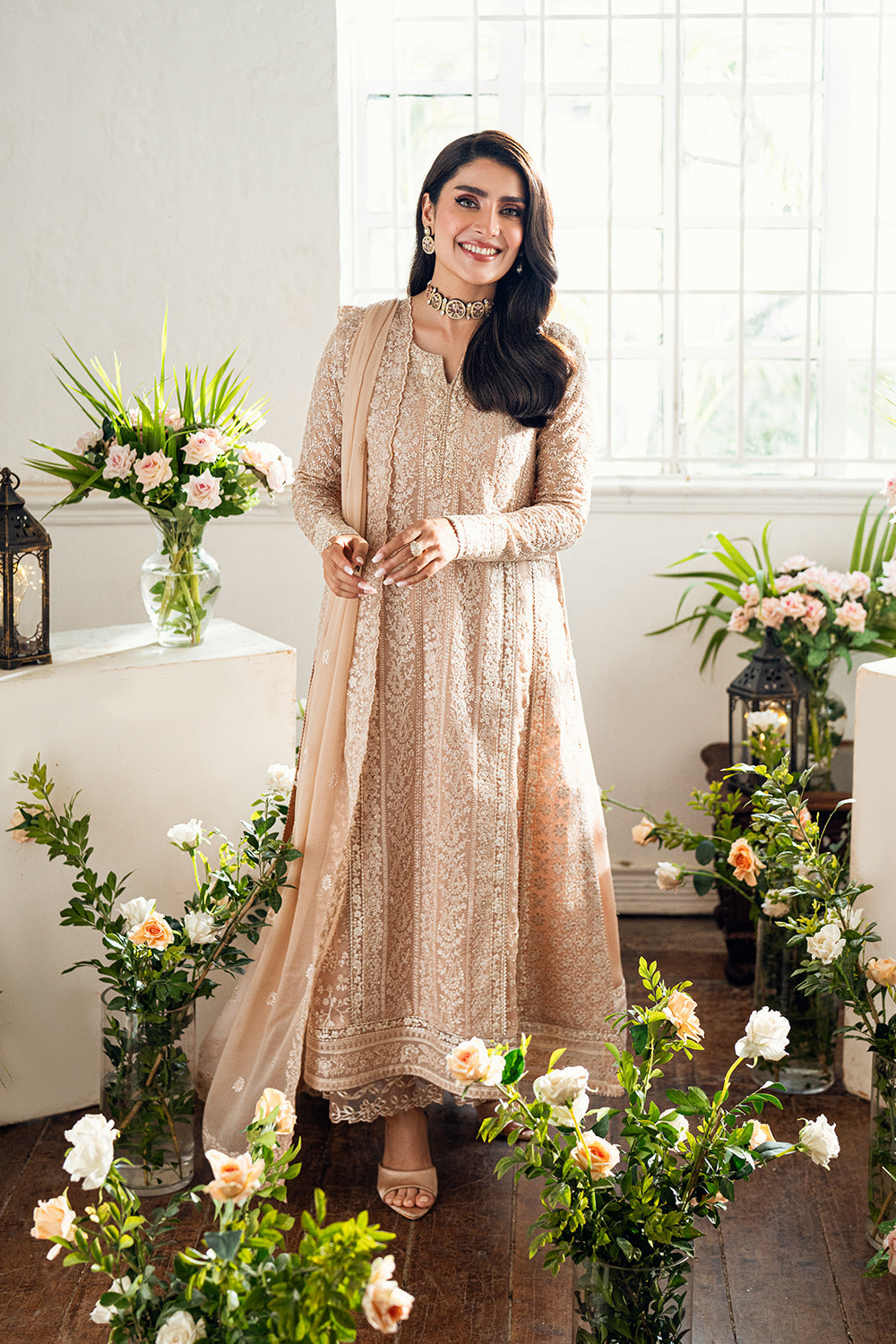 Elegant Cream Hand Embellished Chiffon Pakistani Party Dress