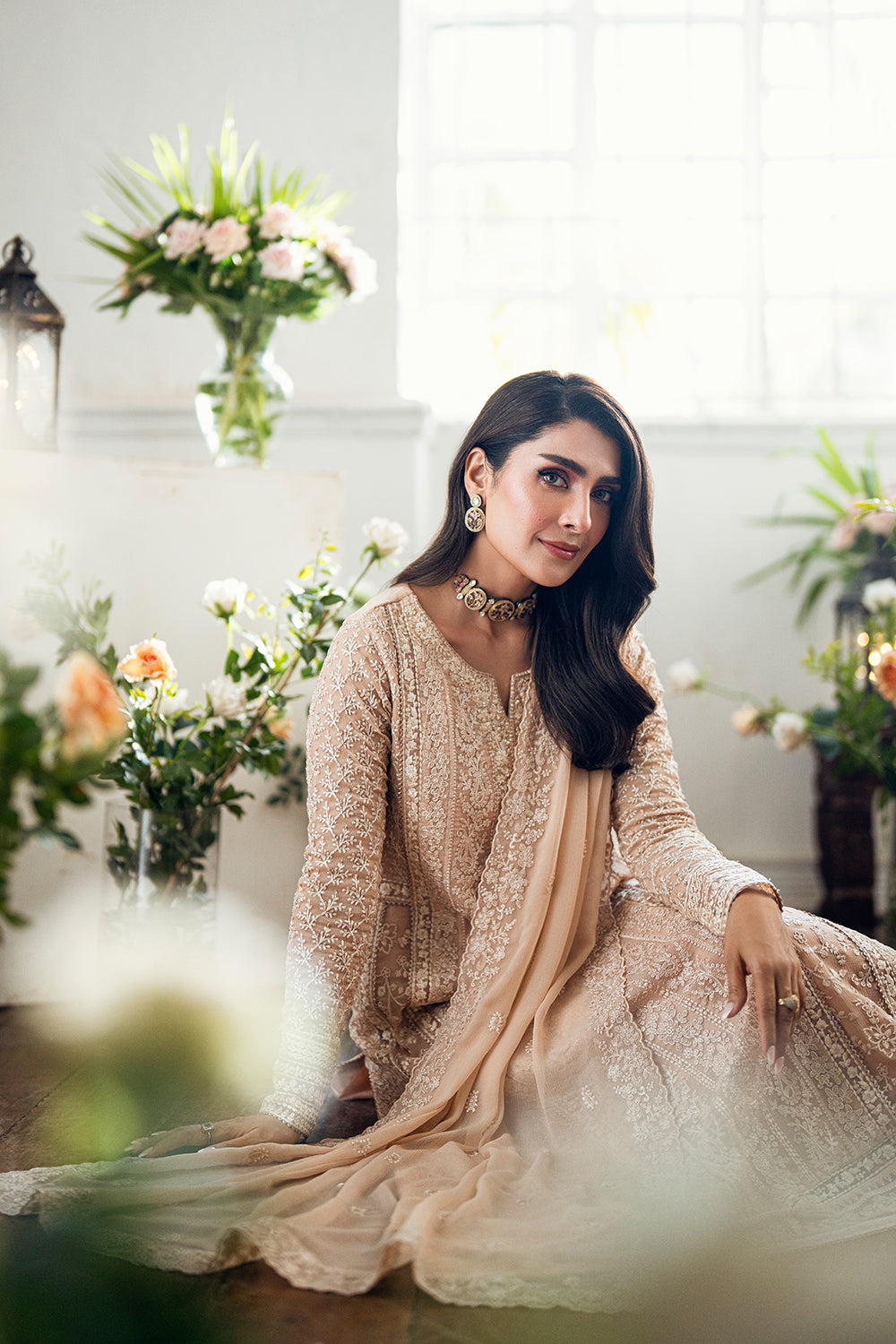 Elegant Cream Hand Embellished Chiffon Pakistani Party Dress