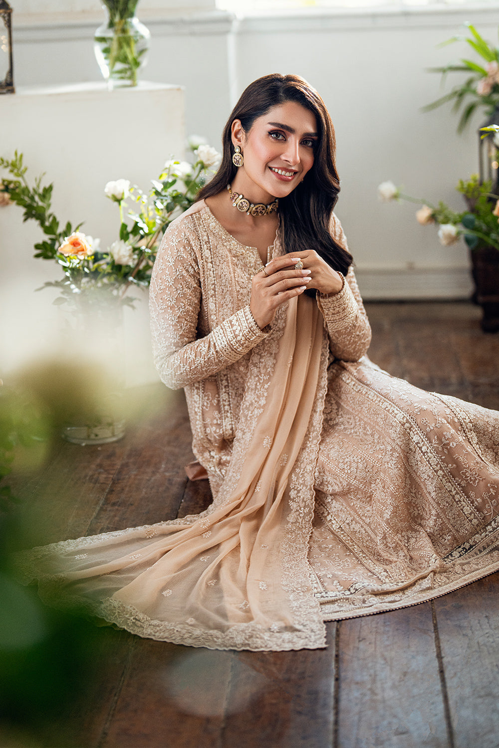 Elegant Cream Hand Embellished Chiffon Pakistani Party Dress