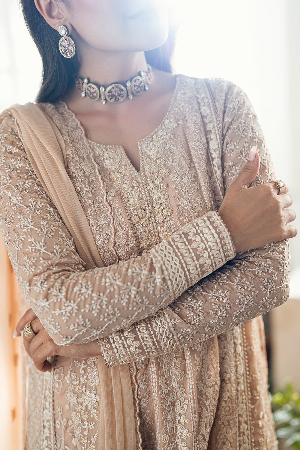Elegant Cream Hand Embellished Chiffon Pakistani Party Dress