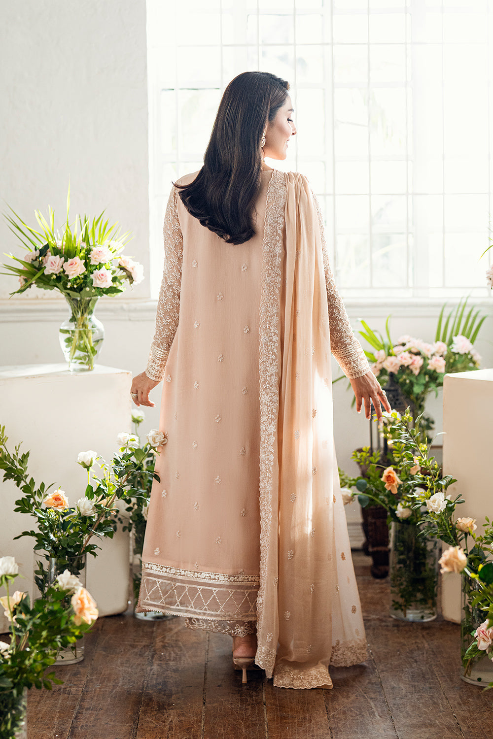 Elegant Cream Hand Embellished Chiffon Pakistani Party Dress