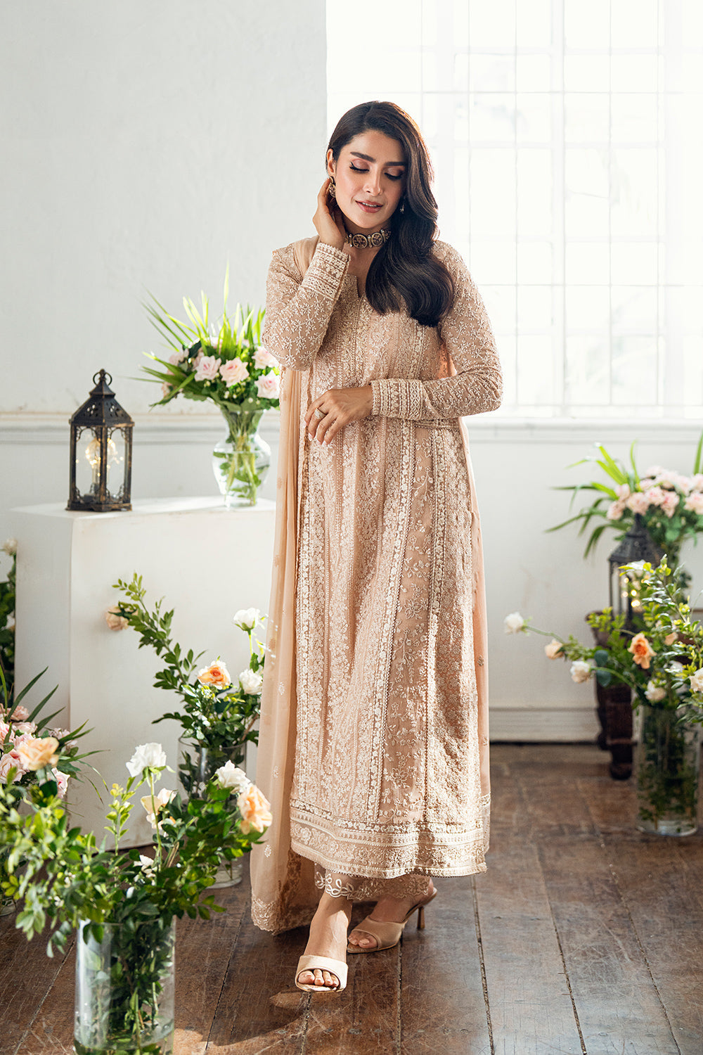 Elegant Cream Hand Embellished Chiffon Pakistani Party Dress