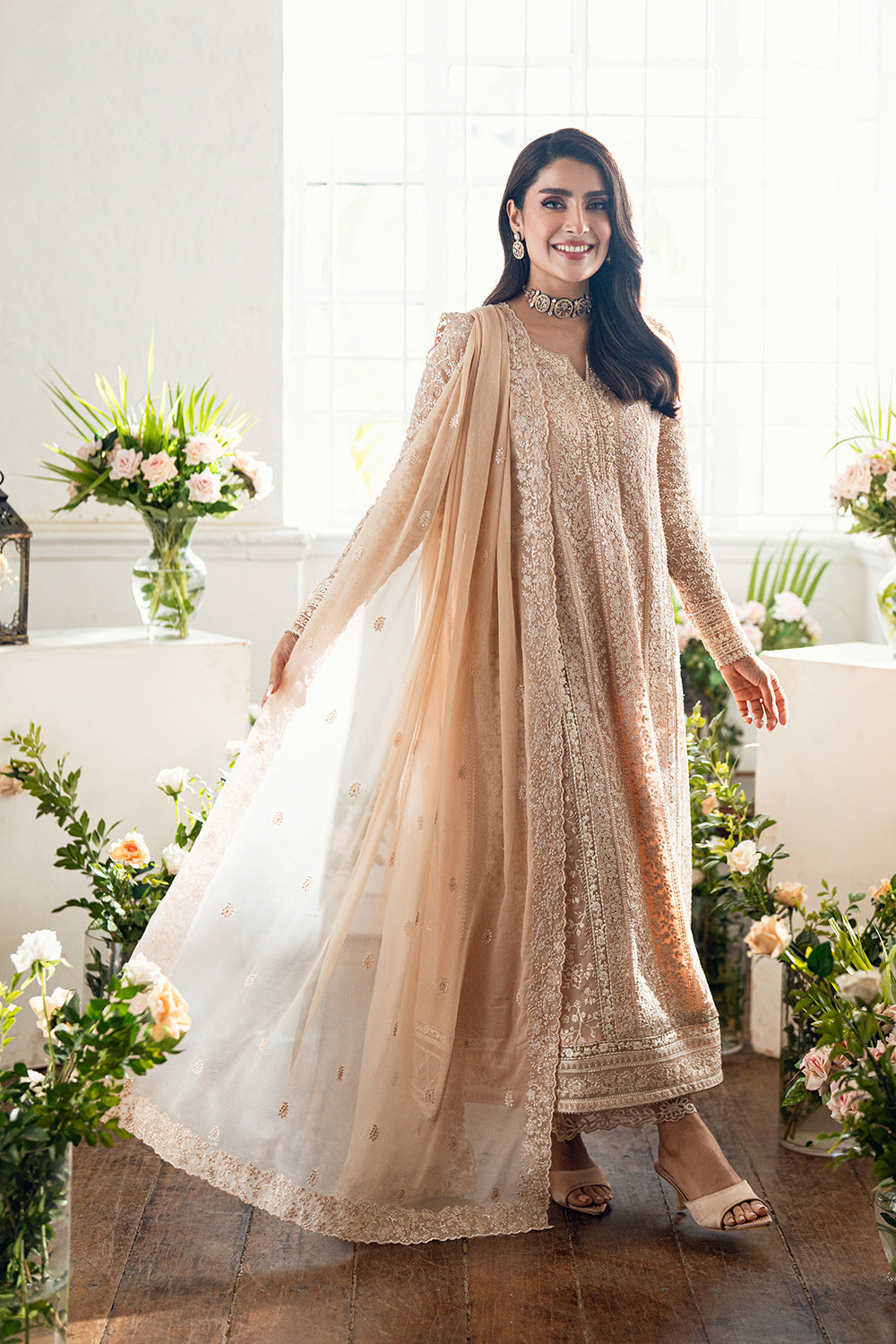 Elegant Cream Hand Embellished Chiffon Pakistani Party Dress