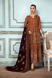 Caramel Brown Embroidered Pakistani Long Frock Dupatta Party wear