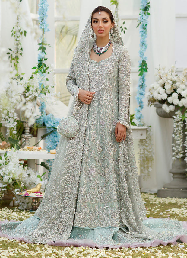 Celina Aqua Trailled Bridal Dress Embroidered Kalidar Pishwas