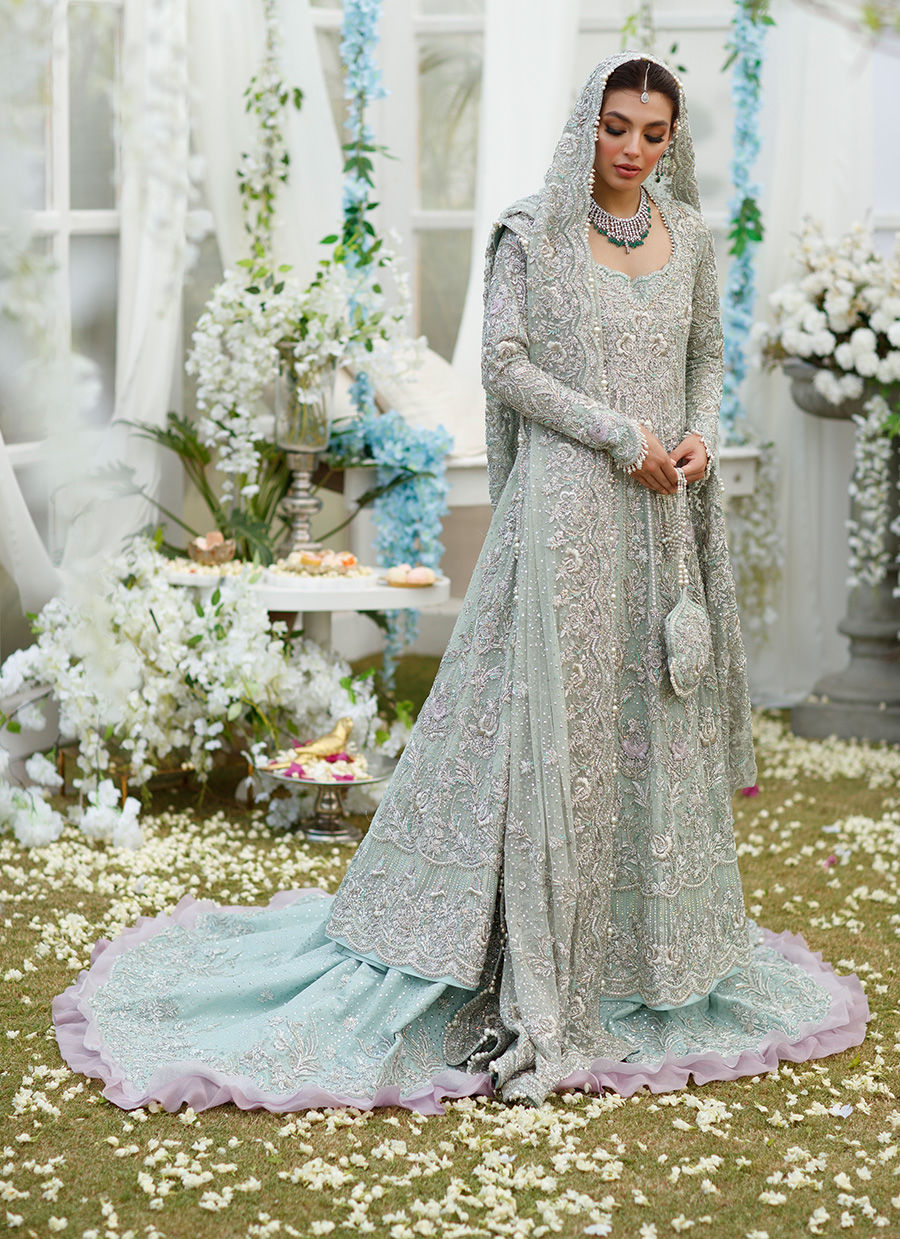 Celina Aqua Pakistani Bridal Dress Kalidar Pishwas Nameera by Farooq Celina Aqua Pakistani Bridal Dress Kalidar Pishwas Nameera by Farooq