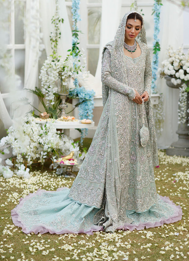 Celina Aqua Trailled Pakistani Bridal Embroidered Kalidar Pishwas
