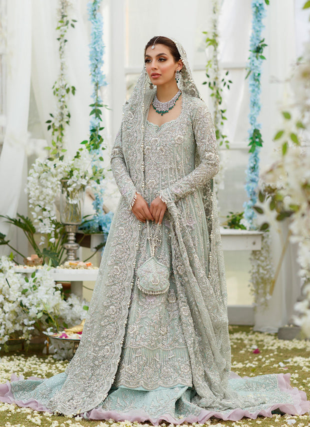 Celina Aqua Trailled Pakistani Dress Embroidered Kalidar Pishwas