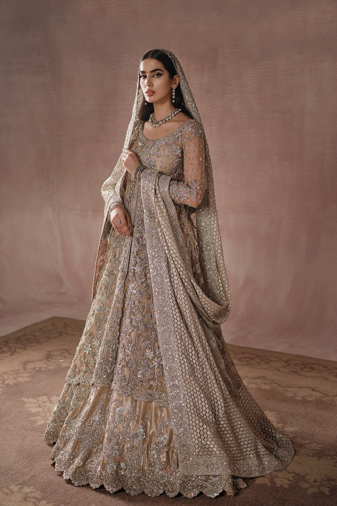 Royal Champagne Gold Pakistani Bridal Dress Heavily Embellished Gown XLARGE
