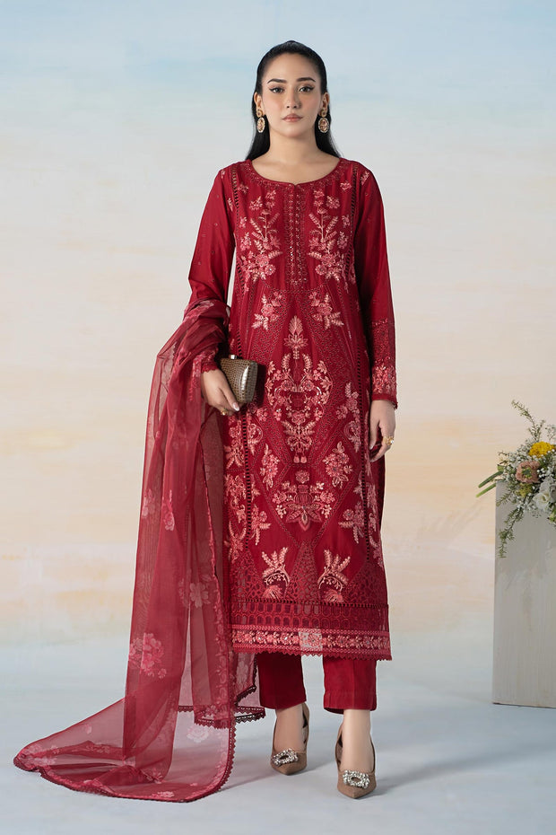 Cherry Red Embroidered Maria B Luxury Pret Pakistani Salwar Suit