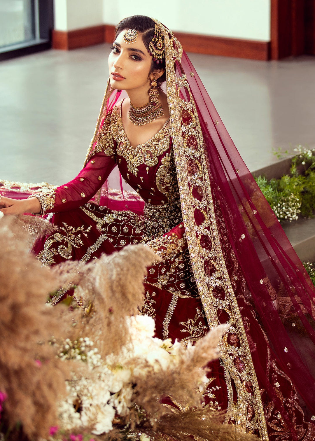 Cherry Red Embroidered Pakistani Bridal Lehenga pishwas Dress