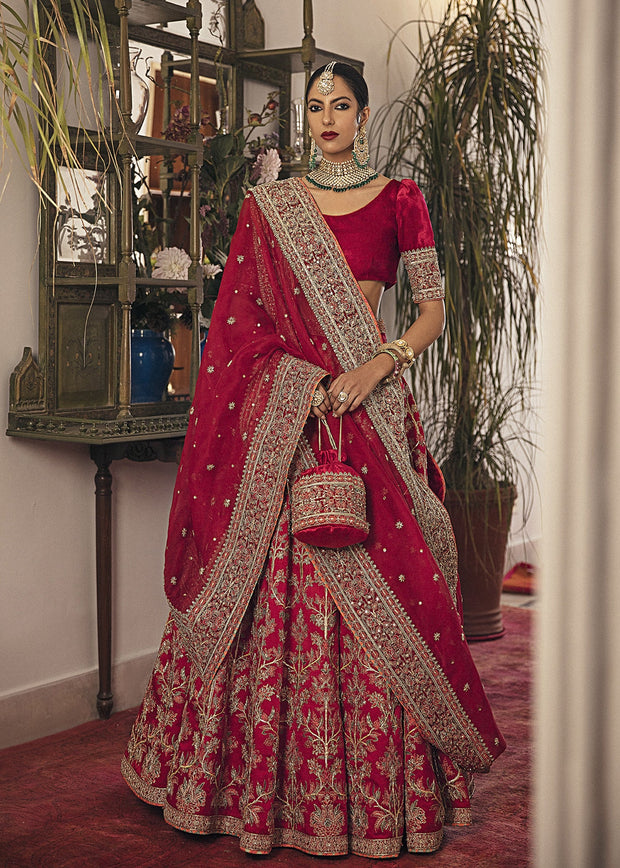 Cherry Red Heavily Embellished Lehenga Choli Pakistani Bridal Dress