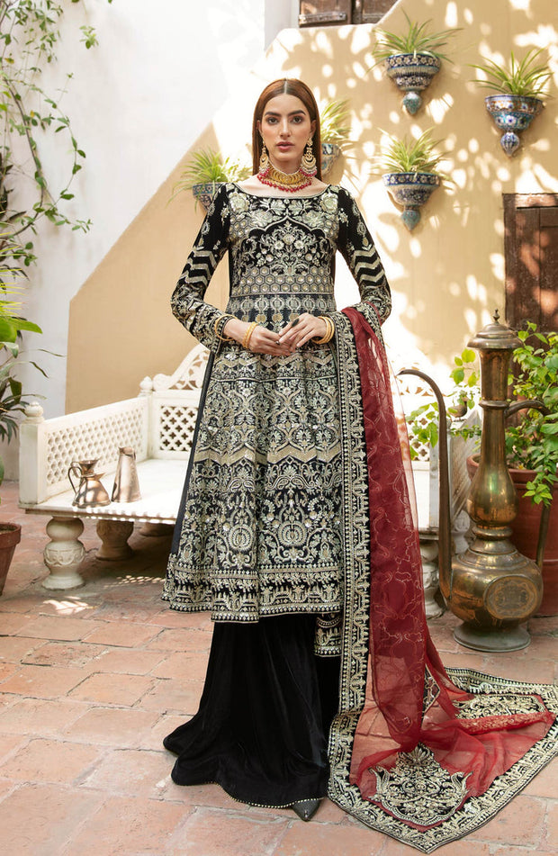 Classic Black Embroidered Pakistani Kameez Sharara Wedding Dress