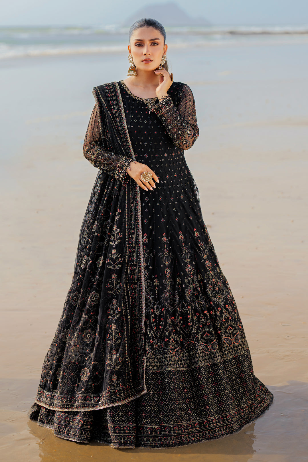 Classic Black Maxi Pakistani Wedding Dress floral Dupatta – Nameera by Farooq