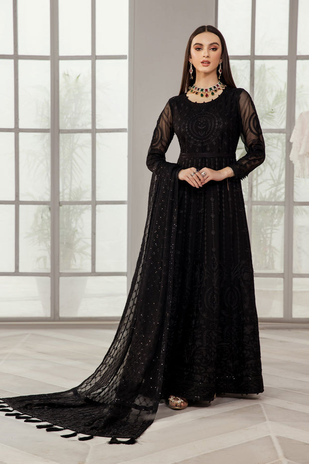 Classic Black Net Embroidered Pakistani Frock with Dupatta Party Dress