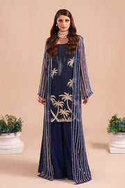 Classic Blue Embroidered Pakistani Gown Style Long Kameez Trousers