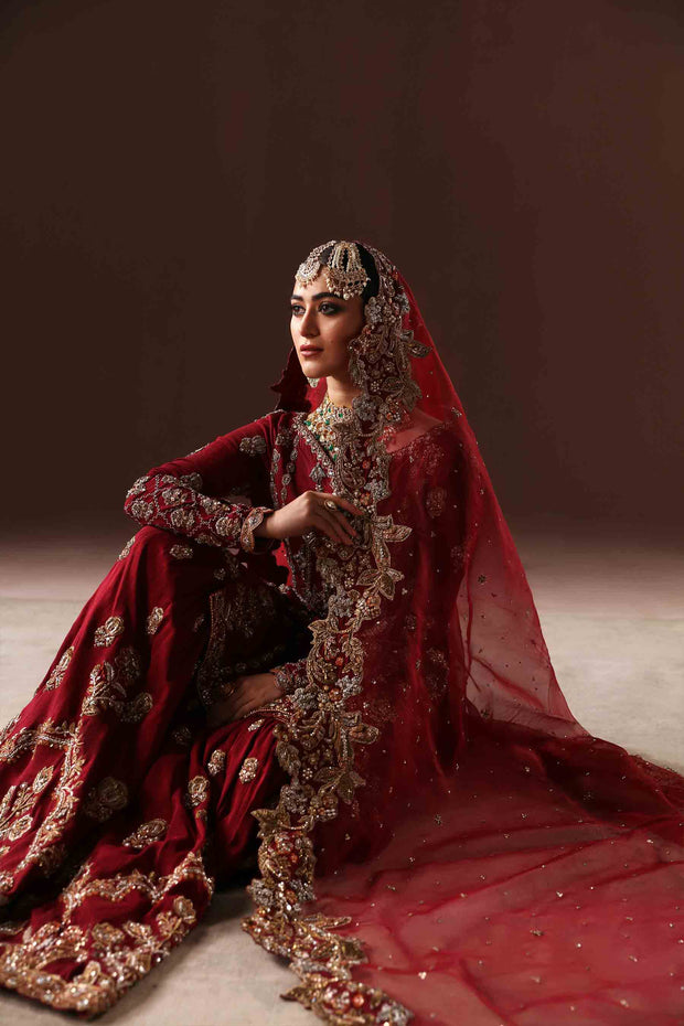Classic Deep Red Pakistani Bridal Dress Gharara Kameez