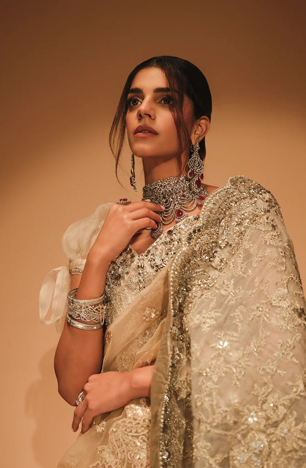 Classic Embellished Golden Saree Style Pakistani Bridal Dress