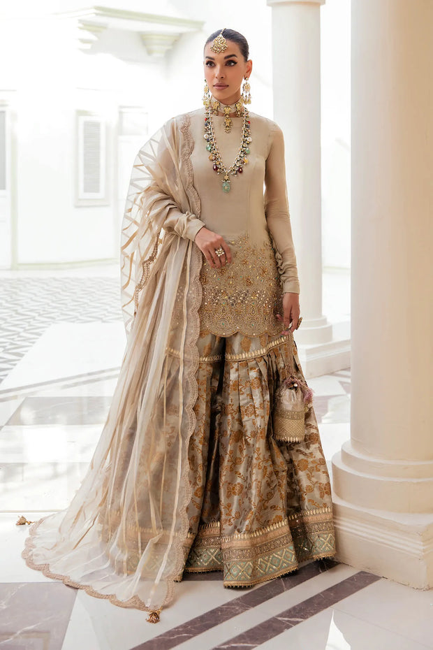 Classic Gold Embroidered Pakistani Wedding Dress Kameez Sharara Style