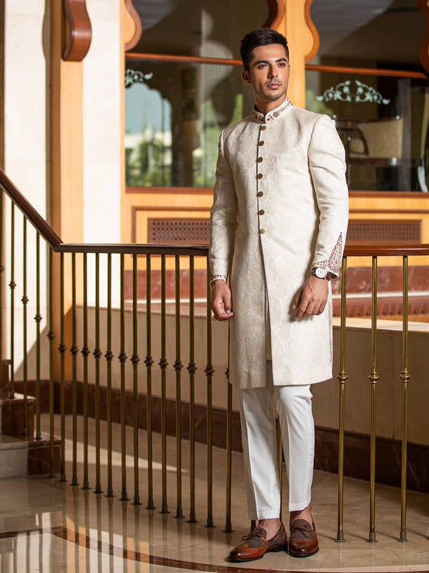 Classic Kashmiri Embroidered Off White Pakistani Groom Sherwani