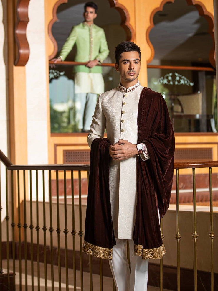 Classic Kashmiri Pattern Embroidered Off White Pakistani Groom Sherwani