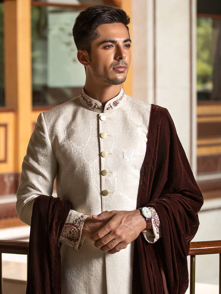 Classic Kashmiri Pattern Embroidered White Pakistani Groom Sherwani