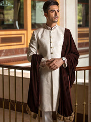 Classic Kashmiri Pattern Off White Pakistani Groom Sherwani