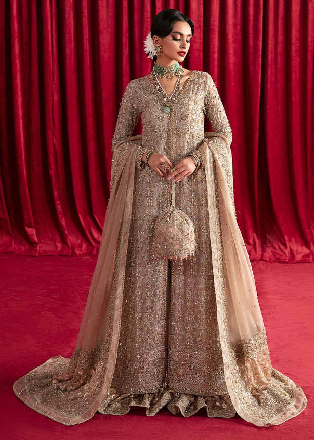Classic Nude Embroidered Gharara Kameez Style Pakistani Wedding Dress