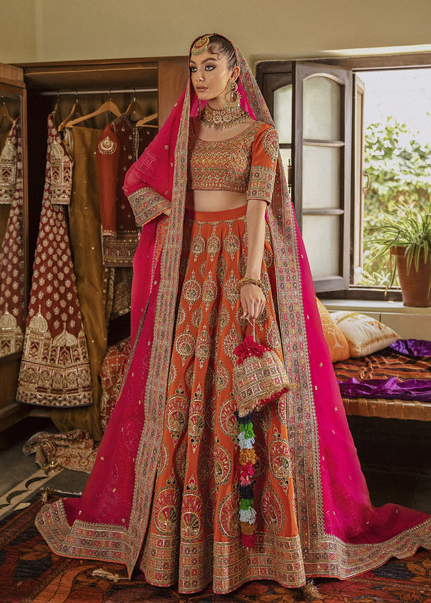 Classic Orange Embroidered Lehenga Choli Pakistani Bridal Dress