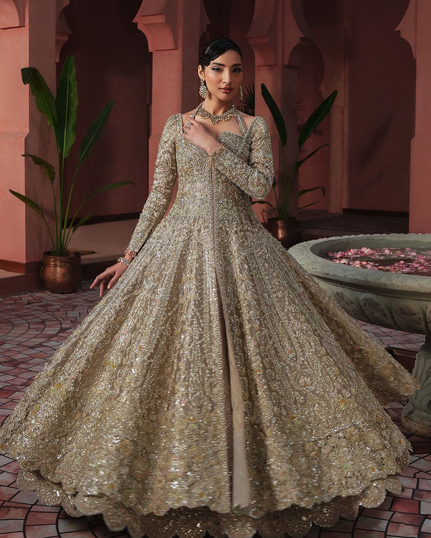 Classic Pakistani Bridal Dress in Open Gown and Lehenga Style 