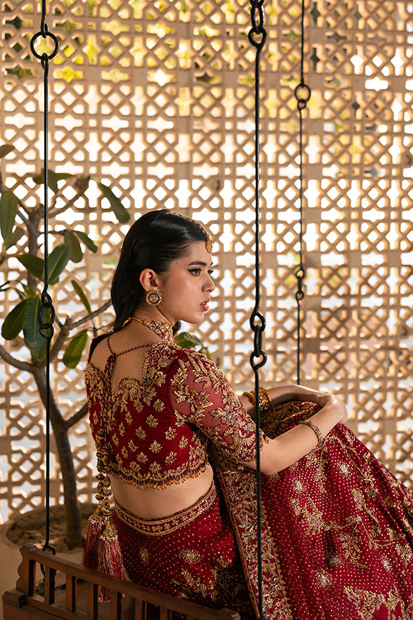 Classic Pakistani Bridal Dress in Red Lehenga and Choli Style