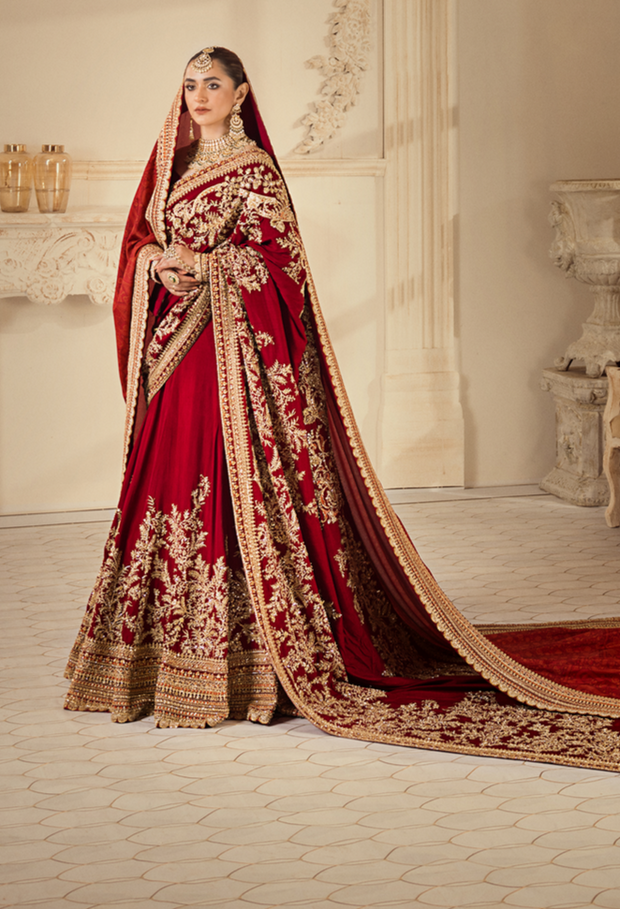 Classic Pakistani Bridal Outfit in Red Lehenga Saree Style