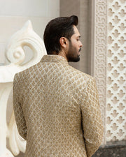 Classic Pakistani Groom Dress in Gold Karandi Sherwani Style